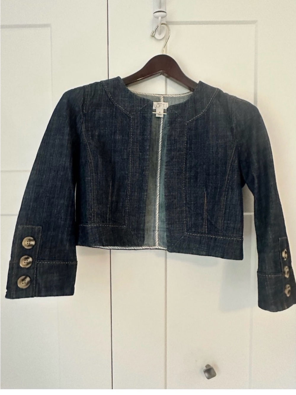 ANN TAYLOR LOFT DARK DENIM CROPPED JACKET